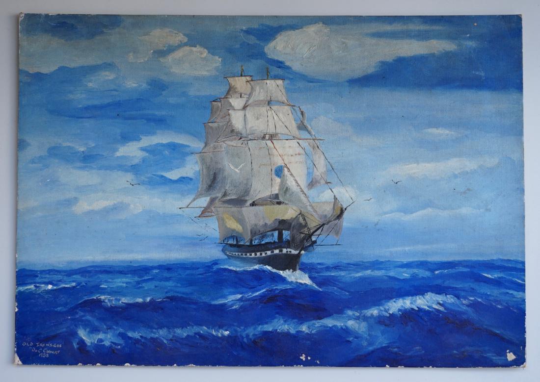 Vintage 1938 Seascape Sailing Ship Oil on Canvas Board (1 of 5)