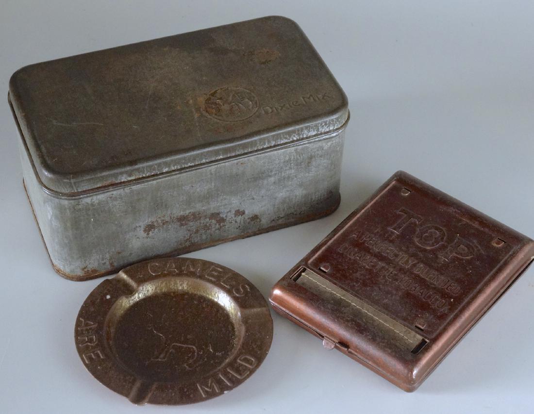 Vintage Smoking Tobacco Tins Cigarette Roller Camel Top: Vintage Smoking Tobacco Tins Cigarette Roller Camel Top Brand Box Mild Advertising Ashtray Top cigarette roller is approximately 3 1/4 x 4 3/8 x 7/8 inches ; ashtray is approximately 3 11/16 inches in