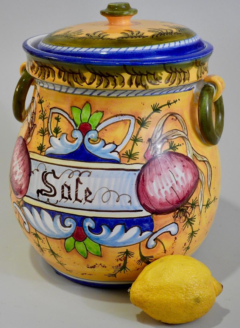 Large Italian Hand Painted Pottery Kitchen Jar Salt (1 of 4)