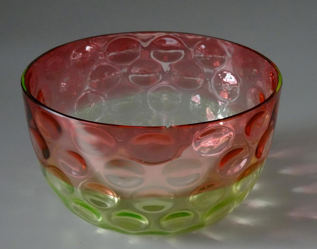 Watermelon Dotted Finger Bowl Antique Art Glass: Watermelon Dotted Finger Bowl Antique Art Glass Exceptional Quality Approximately 2 1/2 inches tall and 4 5/8 inches in diameter.