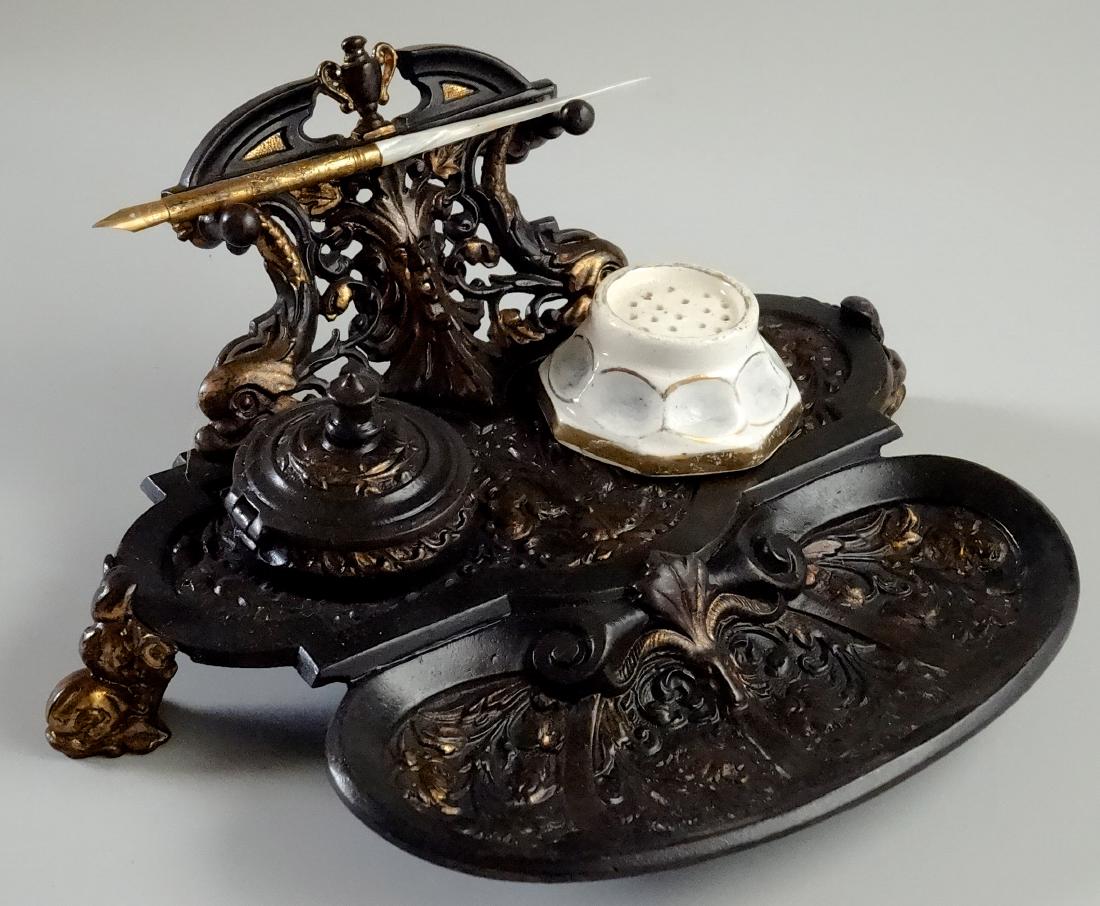 Cast Iron Maskaron Dolphins Victorian Inkwell Gilded (1 of 10)