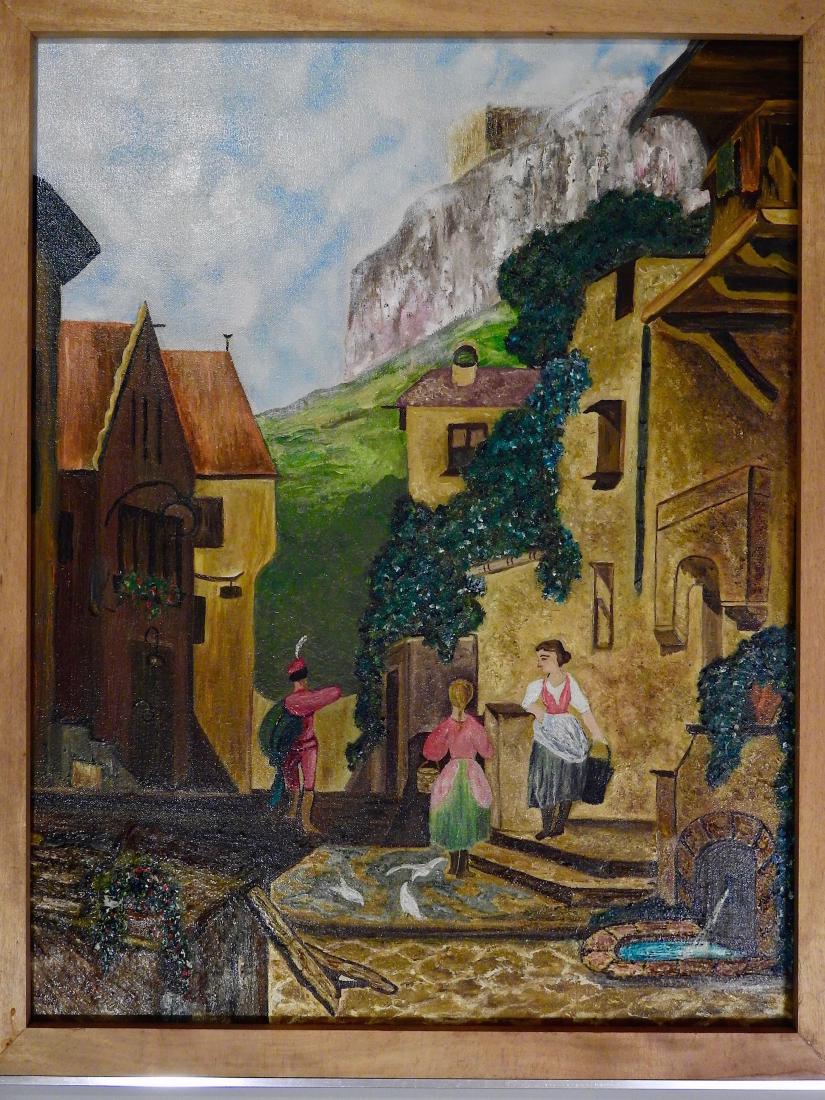 Italian Primitive Mediterranean Painting on Canvas: Italian Primitive Mediterranean Painting on Canvas Prince Leaves The Village Approximately 22 1/8 x 28 inches; 23 5/8 x 29 5/8 inches framed.
