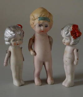 Vintage 30s Bisque Jointed Dolls Made in Japan Lot of: Vintage 30s Bisque Jointed Dolls Made in Japan Lot of 3 Approximately 4 1/16; 4 1/8; and 5 1/8 inches tall.