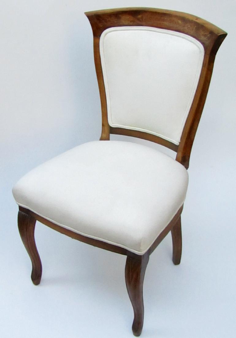 Antique c1900 Edwardian Mother of Pearl Inlay Chair: Antique c1900 Edwardian Mother of Pearl Inlay Chair Upholstered in Grey Burlap Style Fabric Approximately 20 1/8 x 19 1/16 x 36 1/8 inches tall; seat is about 18 9/16 inches above the ground.