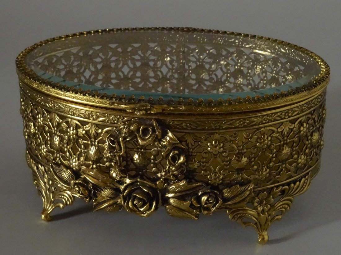Ornate Brass Vanity Box Beveled Glass Jewelry Casket: Vintage Ornate Brass and Beveled Glass Jewelry Casket Vanity Box Approximately 6 1/8 x 4 3 /16 x 3 inches tall.