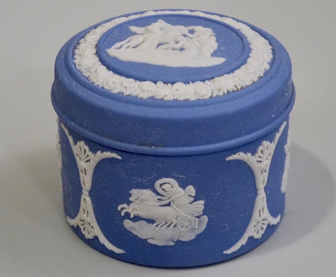 Wedgwood Blue Jasperware Circular Trinket Box: Wedgwood Blue Jasperware Circular Trinket Box Approximately 2 13/16 in diameter x 2 3/16 inches tall.