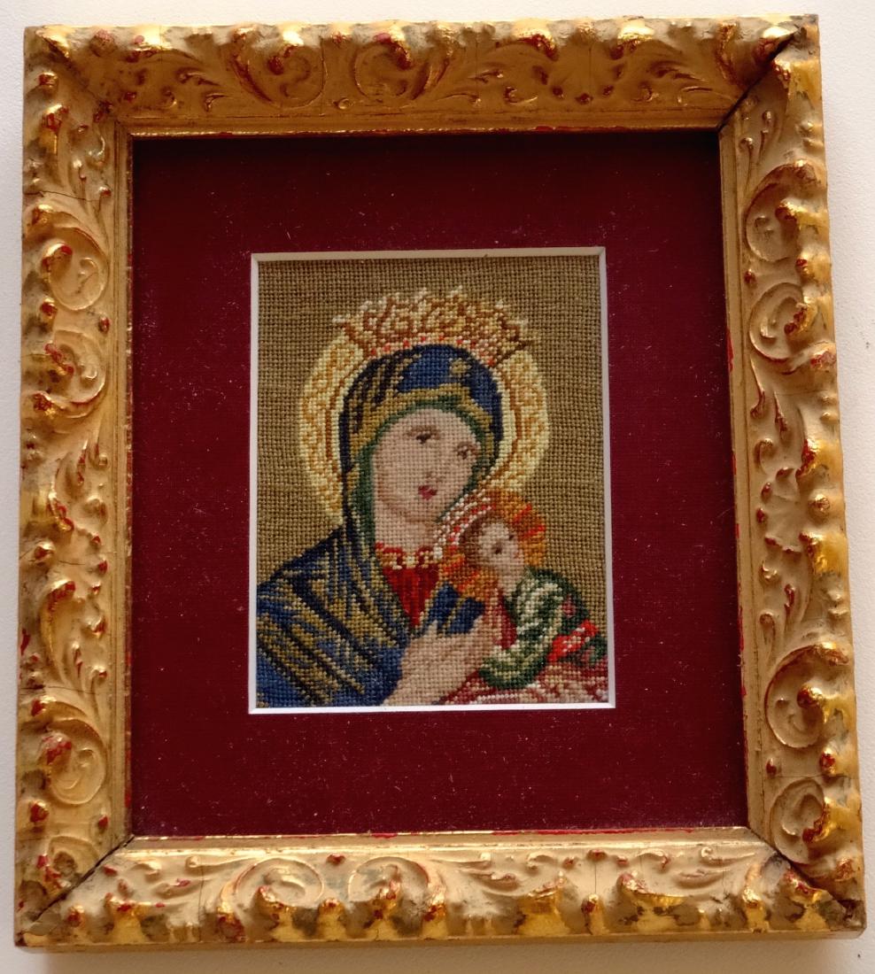 Petite Point Authentic Gobelin Russian Style Embroidere: Petite Point Authentic Gobelin Russian Style Embroidered Icon Approximately 6 x 6 3/4 inches framed. Actual image is approximately 2 5/8 x 3 3/8 inches.