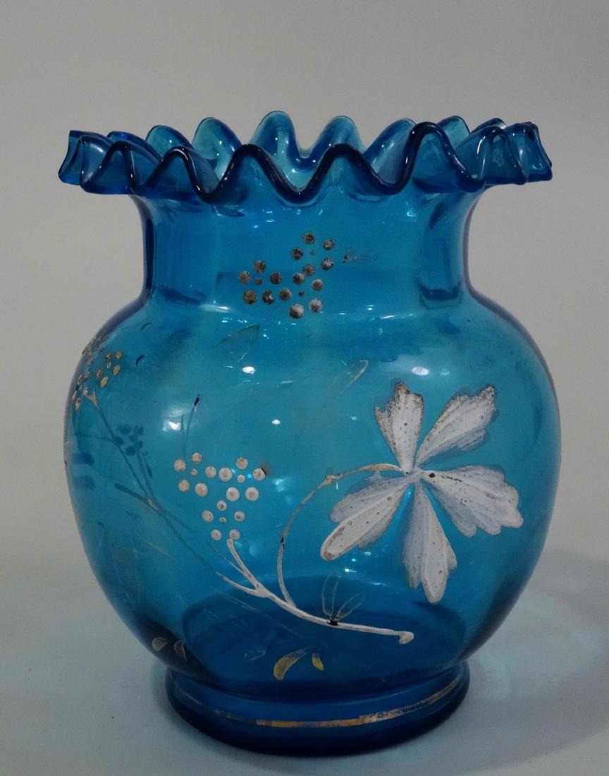 Antique Enamel Painted Crimped Blue Art Glass Vase: Antique Enamel Painted Crimped Blue Art Glass Vase 4 5/8 inches tall x 4 1/16 inches in diameter.
