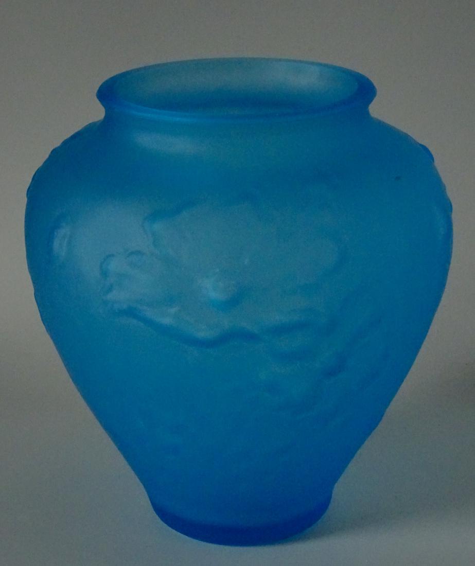 Tiffin Blue Satin Glass Embossed Poppies Bulbous Vase