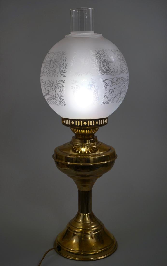 Kerosene Style Brass Table Lamp Etched Globe Shade (1 of 7)
