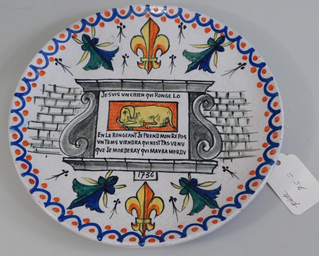 Golden Dog Alcide Chaumeil Quimper Faience Majolica: The Golden Dog Alcide Chaumeil Quimper Faience Majolica Pottery Plate 7 3/8 inches in diameter. Le Chien d'Or Je suis un chien qui ronge lo / En le rongeant je prend mon repos / Un tems viendra qui ne