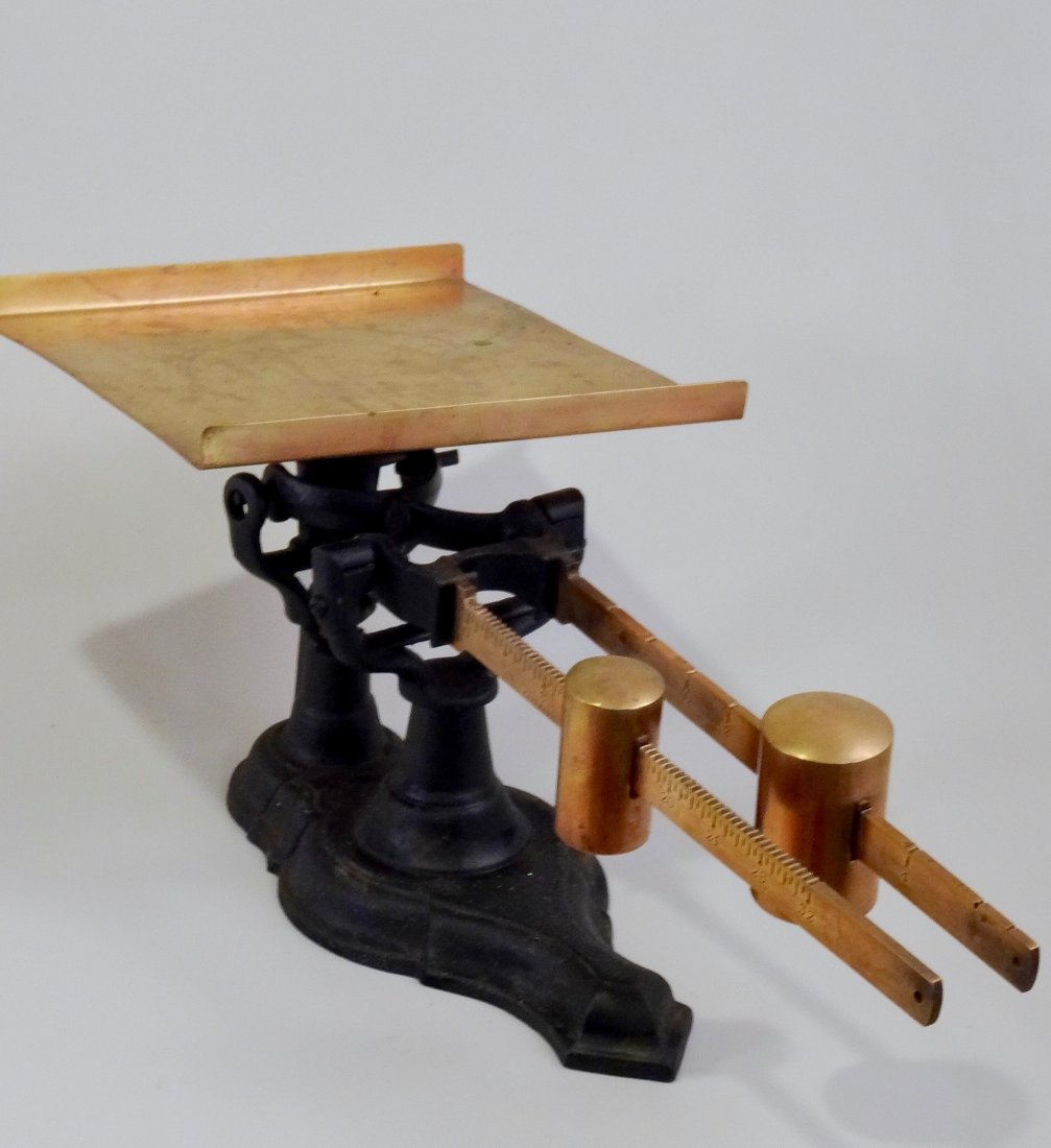 Antique Double Beam Scale Sliding Brass Counterweights (1 of 7)