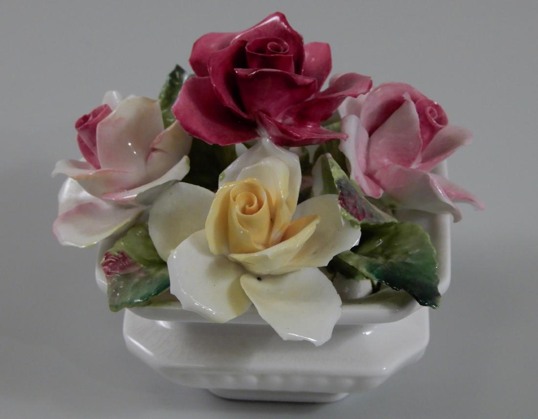 English Fine Bone China Flowers Decoration in Square: English Fine Bone China Flowers Decoration in Square Planter Marked Crown Staff Hand Made in England Approximately 4 x 3 3/8 x 3 inches tall.