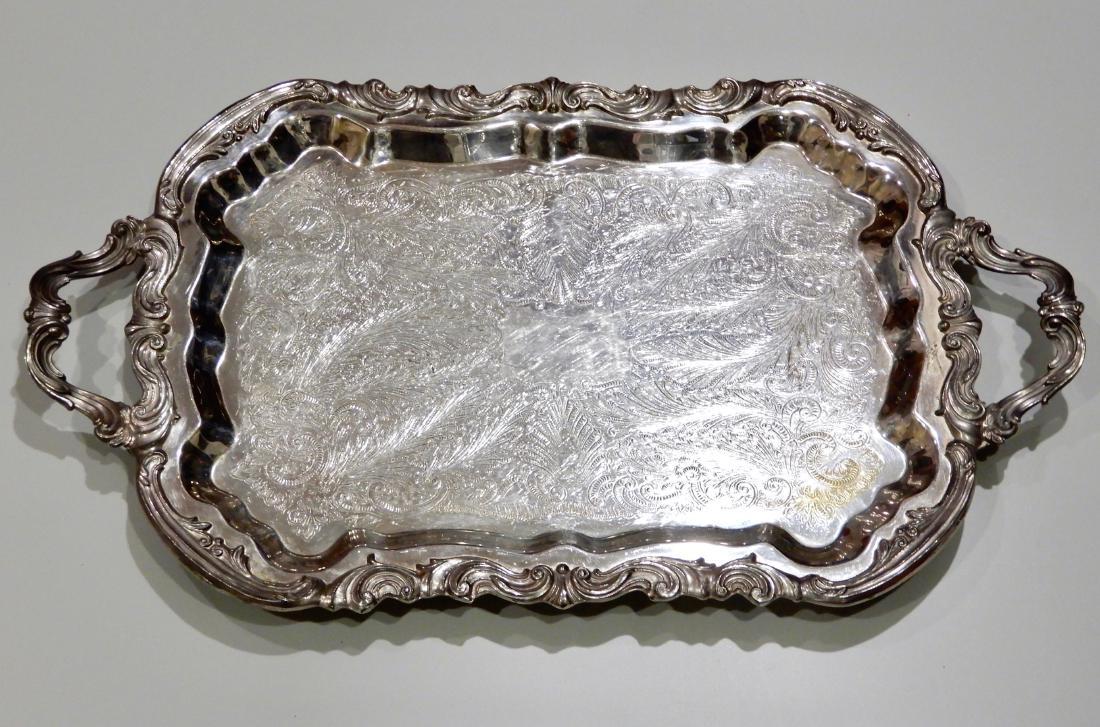 Ornate Footed Silver Plate Serving Tray with Baroque Ha (1 of 5)
