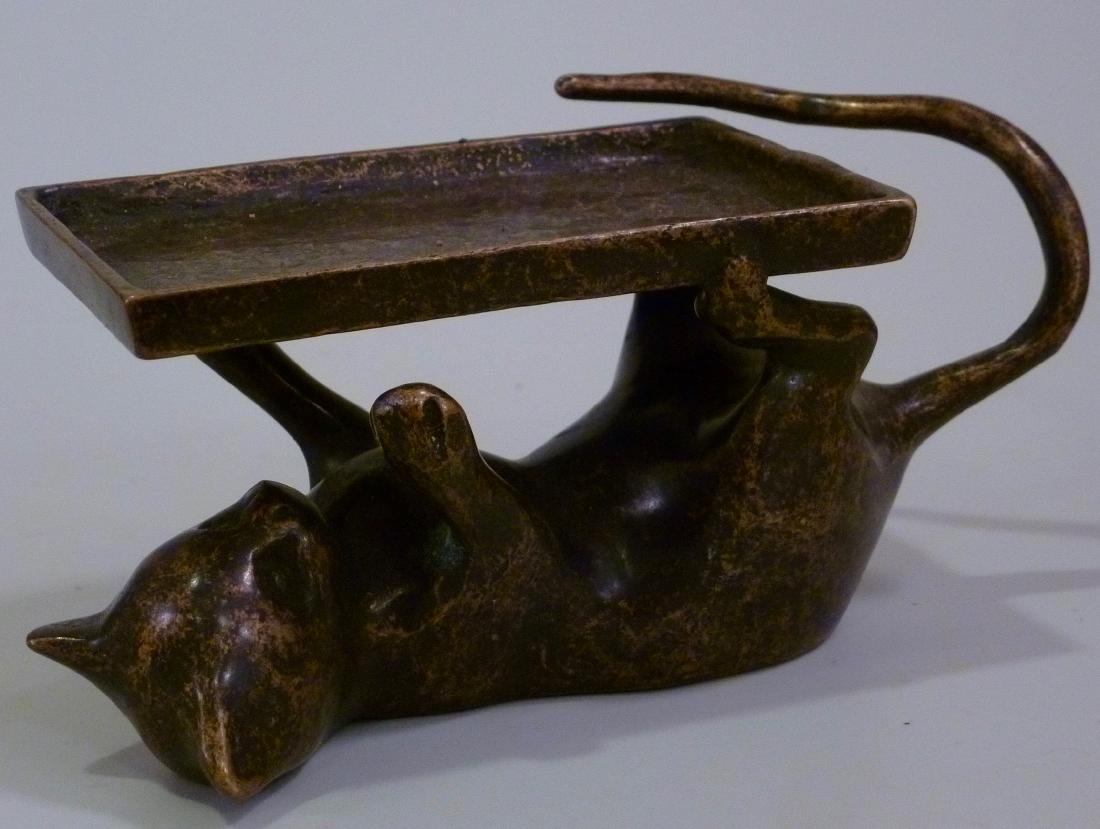 Playful Cat Business Card Tray Holder Patinated Brass (1 of 5)