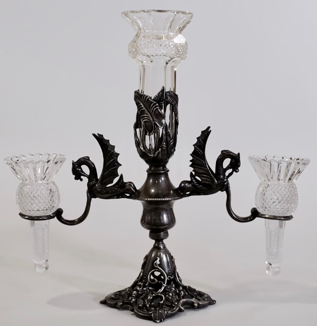Griffin Epergne Antique Victorian Centerpiece Scottish: Griffin Epergne Antique Victorian Centerpiece Scottish Thistle Glass Inserts Flower Bud Vase Approximately 12 inches wide x 12 1/16 inches tall on 5 inches in diameter base.