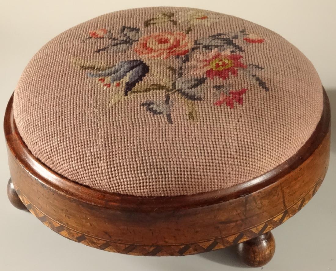 Italian Antique Round Footstool Needlepoint Upholstery: Italian Antique Round Footstool Needlepoint Upholstery Approximately 5 1/8 inches tall x 11 1/2 inches in diameter.