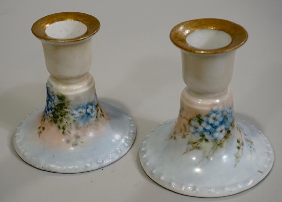 Prov Saxe ES Germany Porcelain Candlestick Pair Hand: Prov Saxe ES Germany Porcelain Candlestick Pair Hand Painted Blossom Candle Holders c 1910 Erdmann Schlegelmilch Suhl, Germany. Approximately 3 7/16 x 3 3/16 inches in diameter.