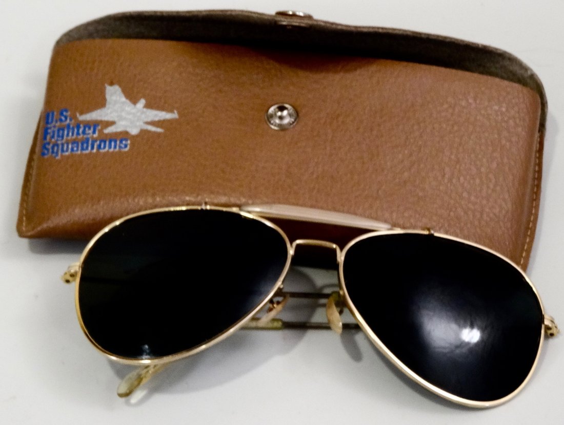 US Fighter Squadrons Tinted Aviator Sunglasses Military: US Fighter Squadrons Tinted Aviator Sunglasses Military Style Cased Approximately 6 inches wide.