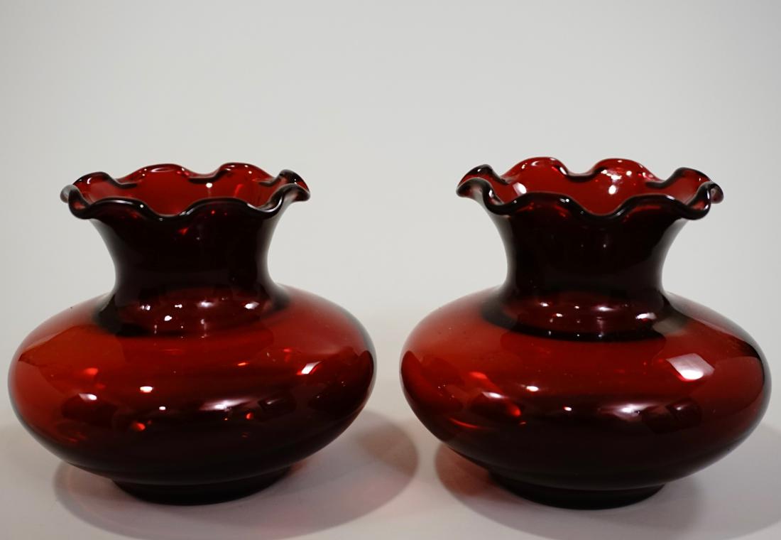 Pair Ruby Red Glass Ruffled Rim Vase Lot of 2 Vases (1 of 4)
