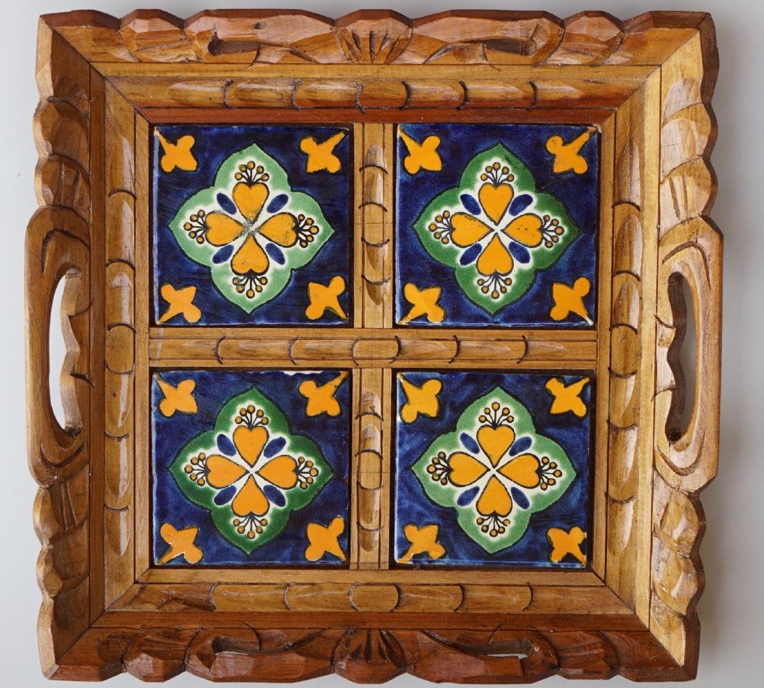 Mexican Rustic Hand Painted Tile Serving Tray Carved (1 of 5)
