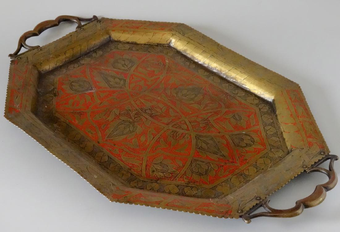 Antique Middle Eastern Chiseled and Enameled Brass Tray (1 of 8)
