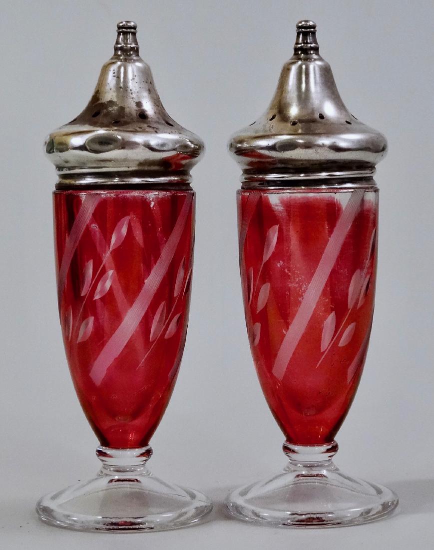 Cranberry Cut to Clear Glass Sterling Silver Cup Salt (1 of 6)