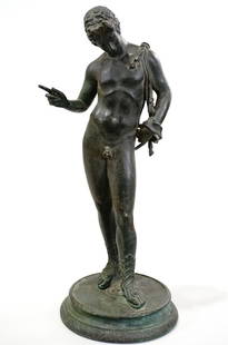 Italian Grand Tour Bronze Naked Statue Antique: Italian Grand Tour Bronze Naked Statue Antique Neapolitan Finely Casted Detailed 19th Century Narcissus Figurine Dark Verde Patina Approximately 10 3/4 inches tall on 4 1/4 inches in diameter base.