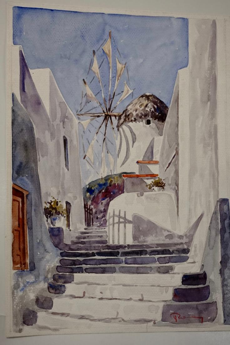 Greek Mill Mediterranean Windmill Watercolor Landscape (1 of 5)