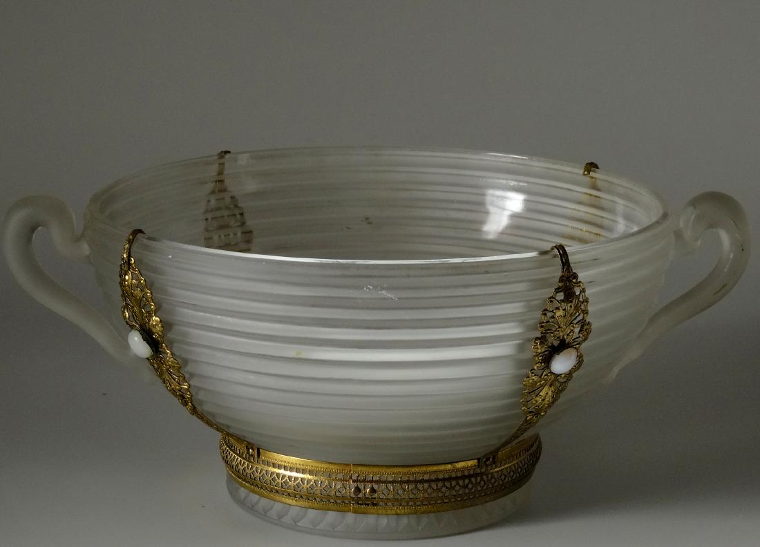 Vintage French Art Deco Ormolu Jeweled Frosted Glass: Vintage French Art Deco Ormolu Jeweled Frosted Glass Bowl Approximately 9 1/4 inches in diameter; 12 inches across and 5 inches tall.