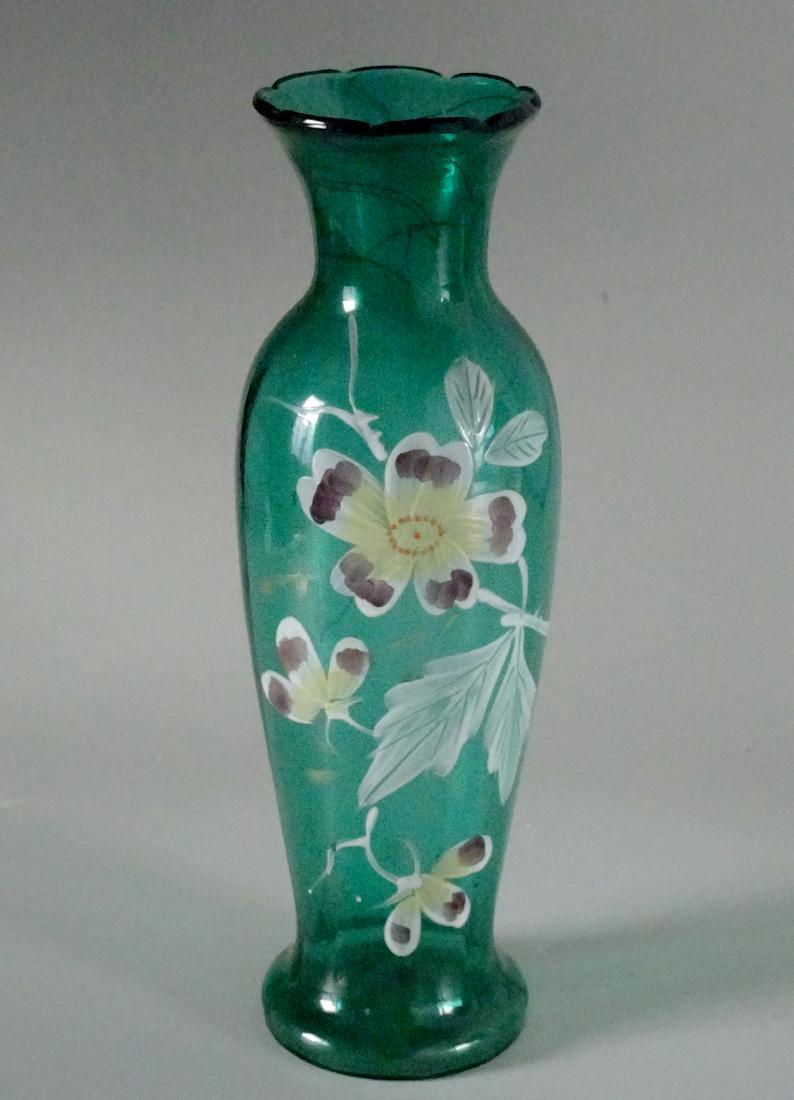Vintage Art Glass Enameled Flowers Small Green Vase (1 of 8)