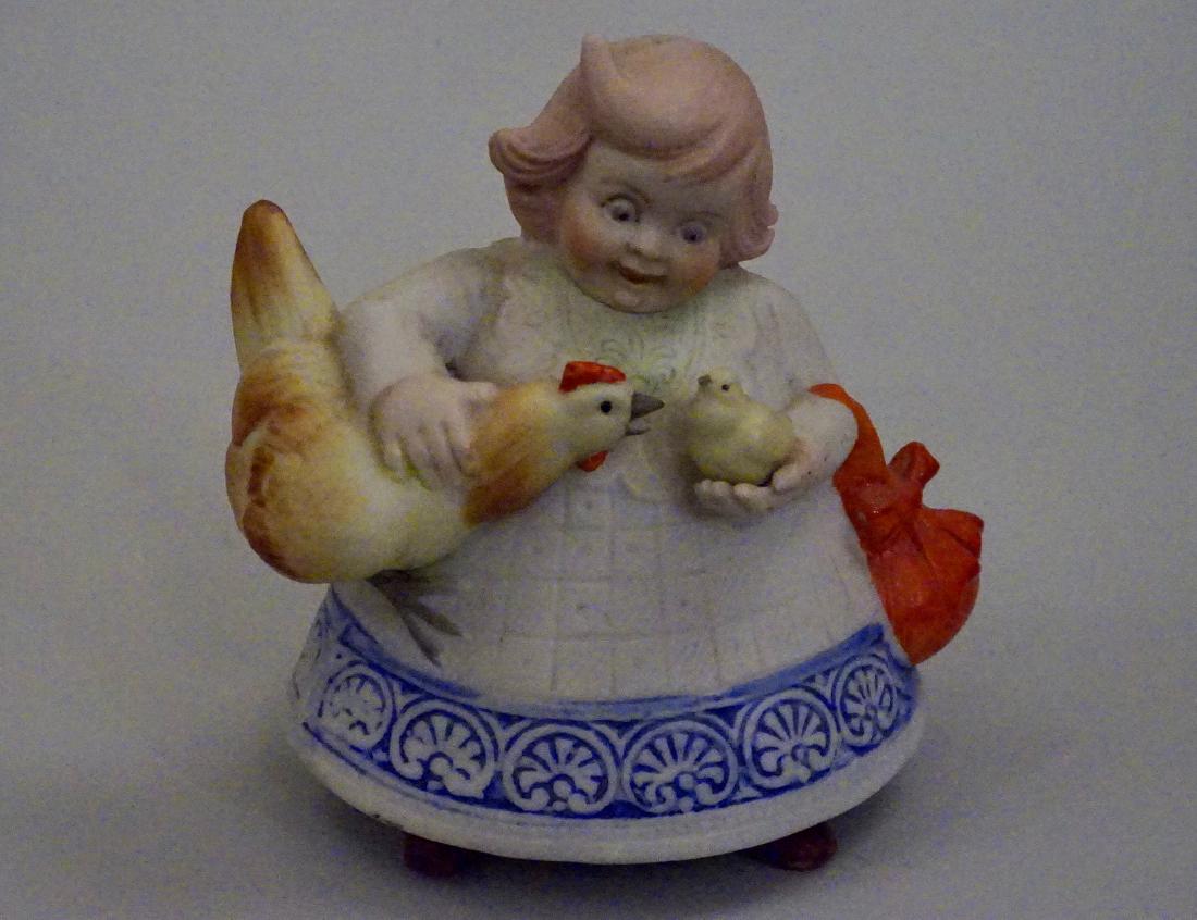Schafer and Vaters Girl With Chickens Bisque Porcelain: Schafer and Vaters Girl With Chickens Bisque Porcelain Figurine 4 5/16 inches.