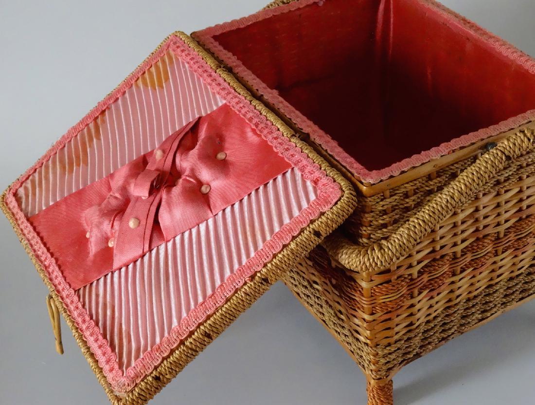 Vintage Sewing Box Wicker Basket Pink Upholstery (1 of 8)