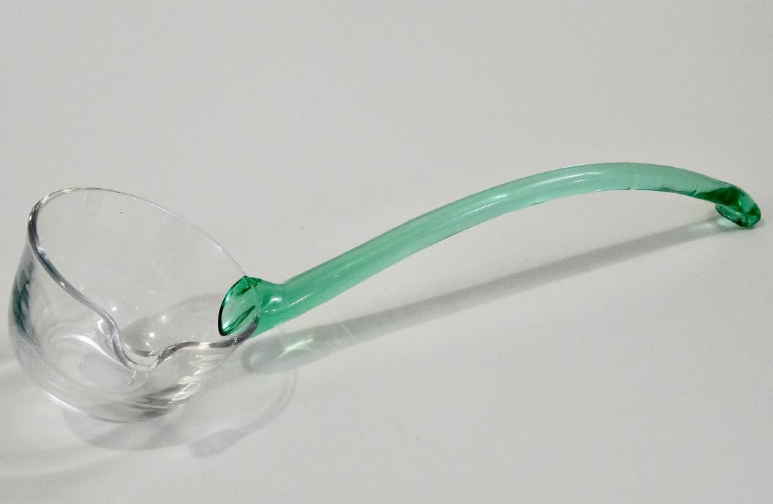 Art Glass Punch Ladle Green Handle Clear Bowl Polished: Art Glass Punch Ladle Green Handle Clear Bowl Polished Pontil Approximately 11 x 3 1/4 inches in diameter.
