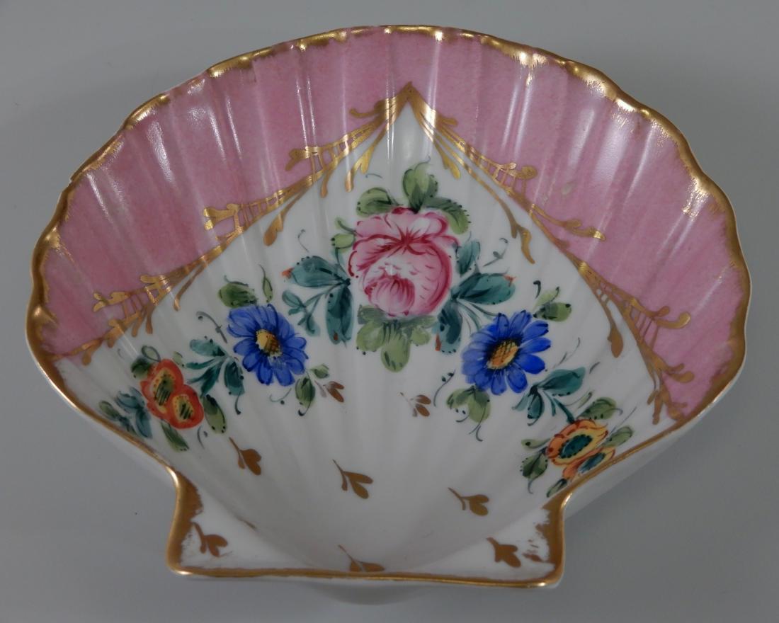 Limoges Porcelain Pink Shell Painted Flowers Dish: Limoges Porcelain Pink Shell Painted Flowers Dish Accented with Gold Approximately 5 11/16 x 5 1/4 inches.