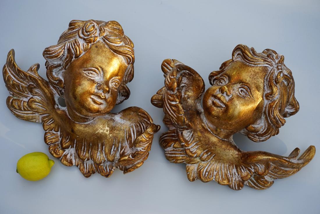Large Italian Cherub Head Wall Plaque Putti Gold Pair (1 of 10)
