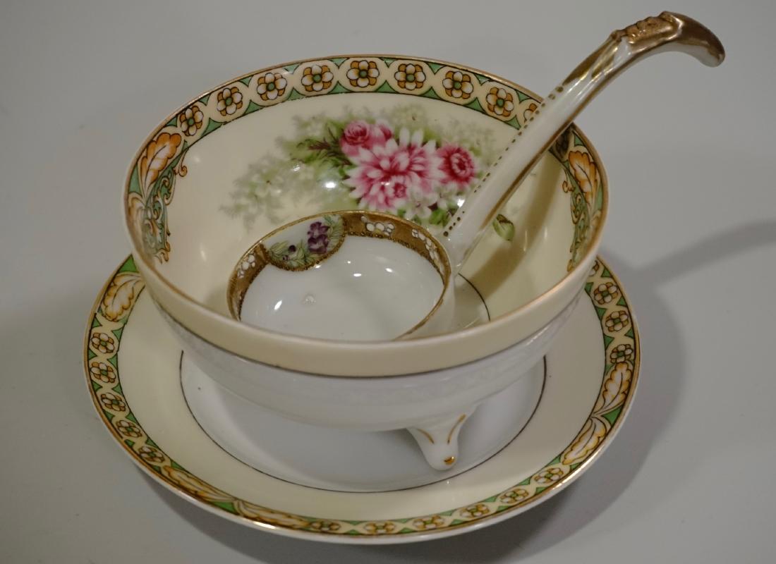 Noritake Quality Porcelain Footed Bowl Spoon Plate Set: Noritake Quality Porcelain Footed Bowl Spoon Plate Set Bowl is approximately 4 inches in diameter x 2 1/8 inches tall; underplate is 4 7/8 inches in diameter; spoon is 5 inches long.