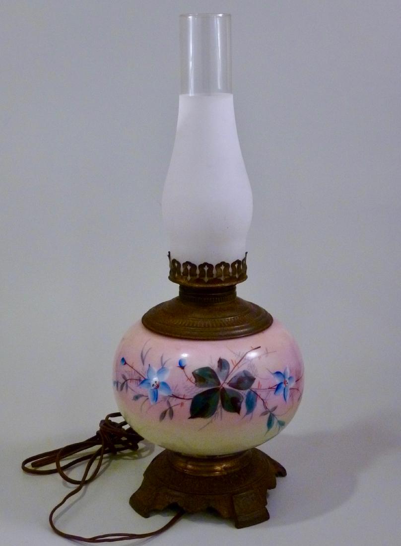 Antique Kerosene Lamp Hand Painted Glass Font Iron Base (1 of 7)