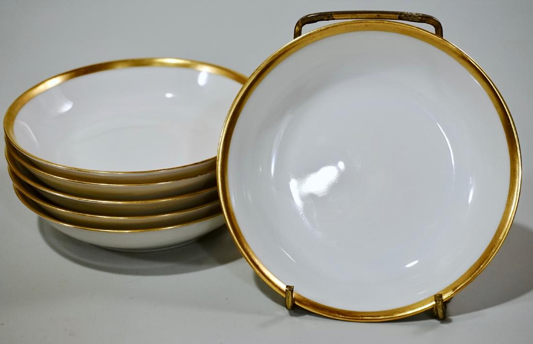 French Limoges White Gold Trimmed Porcelain Bowl Lot of: French Limoges White Gold Trimmed Porcelain Bowl Lot of 6 Charles Ahrenfeldt Depose Retailed by Gumps of San Francisco c1900 Approximately 5 1/8 inches in diameter.