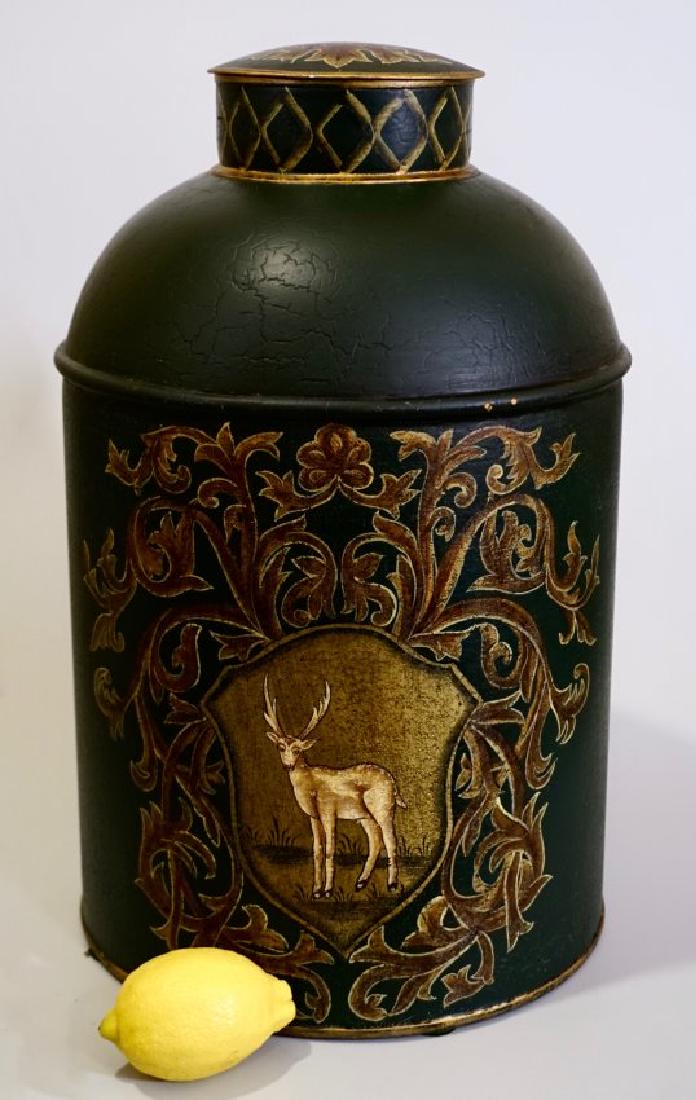 Tole Tea Canister Green Hand Painted Tin Deer Motif (1 of 9)