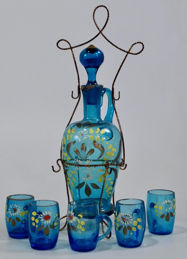 Bohemian Blue Glass Enameled Decanter Antique Set (1 of 8)