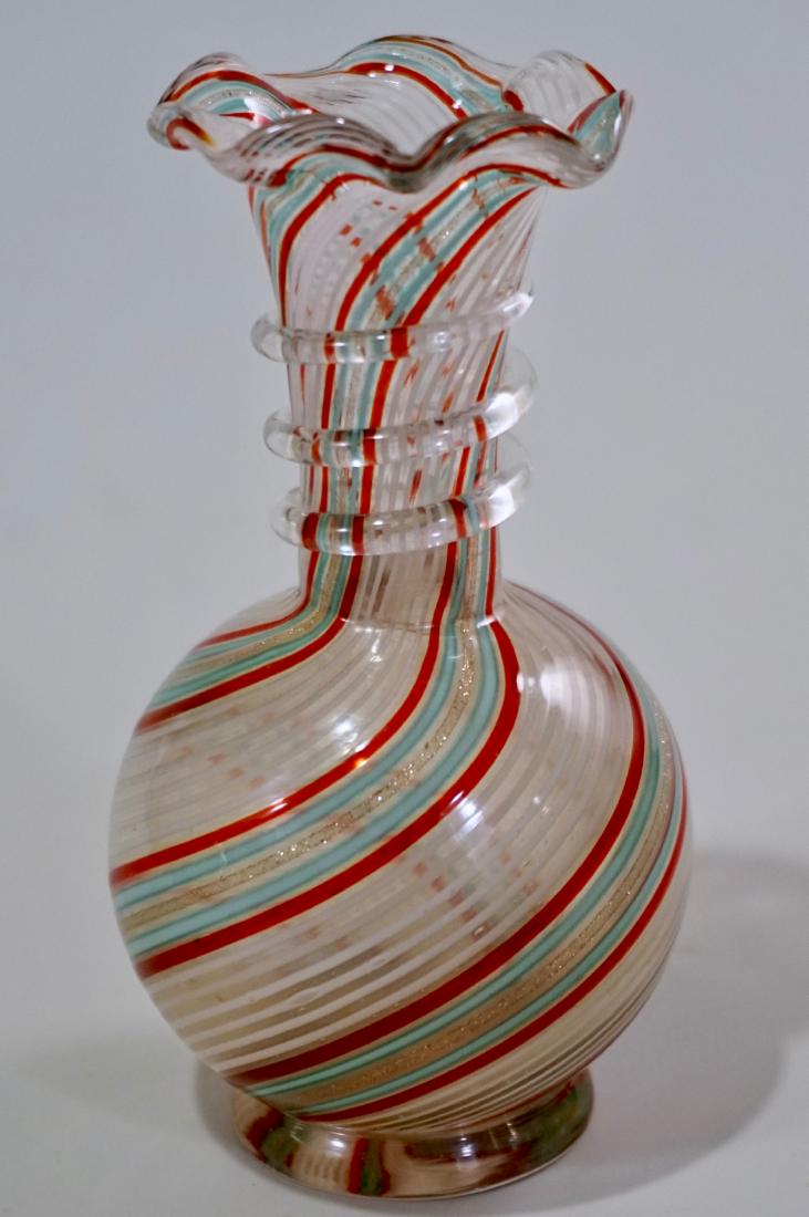 Vintage Italian Murano Art Glass Vase Spiraling: Vintage Italian Murano Art Glass Vase Spiraling Aventurine Striped Canes Approximately 5 1/16 inches.