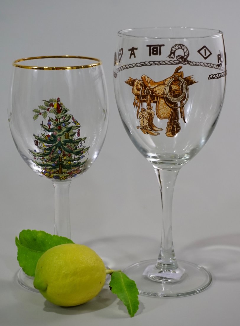Old Spode Christmas Tree and Cowboy Theme Wine Glasses: Old Spode Christmas Tree and Cowboy Theme Wine Glasses Approximately 7 1/4 and 8 3/16 inches tall.