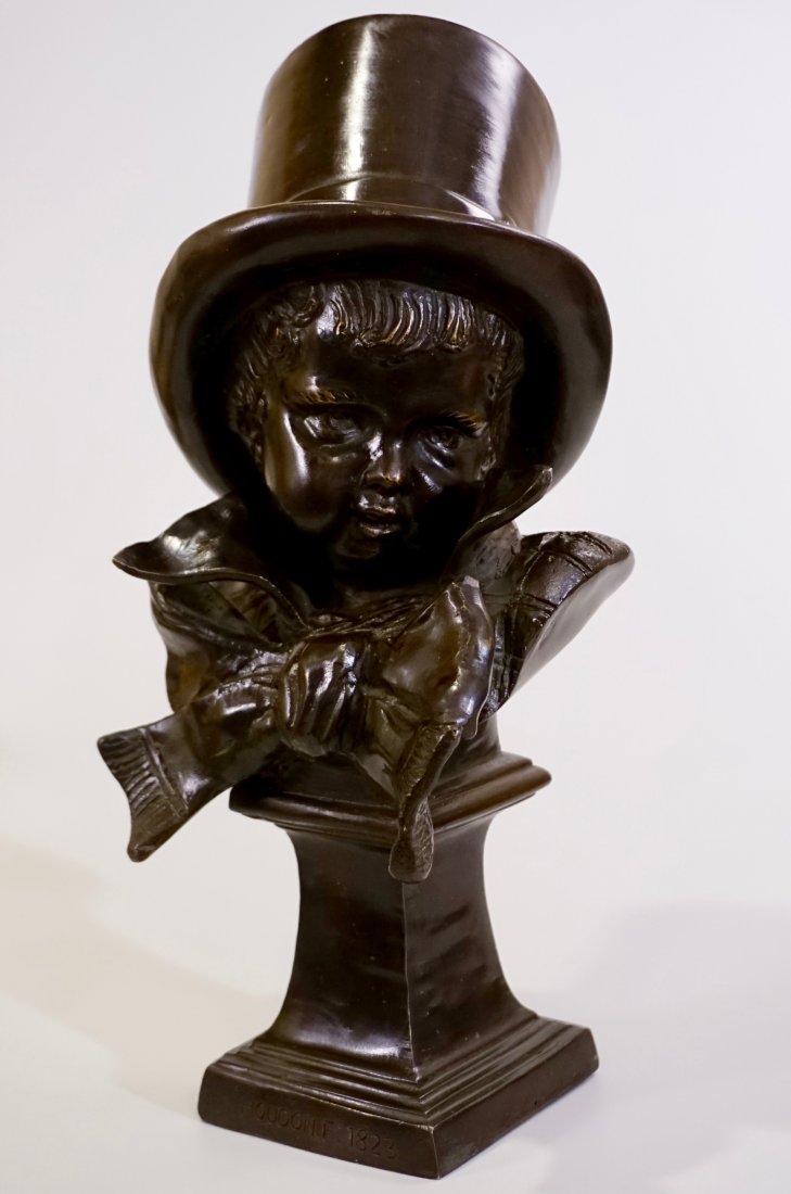 Heavy Bronze Bust Tophat Boy Signed Houdon 1825 (1 of 10)