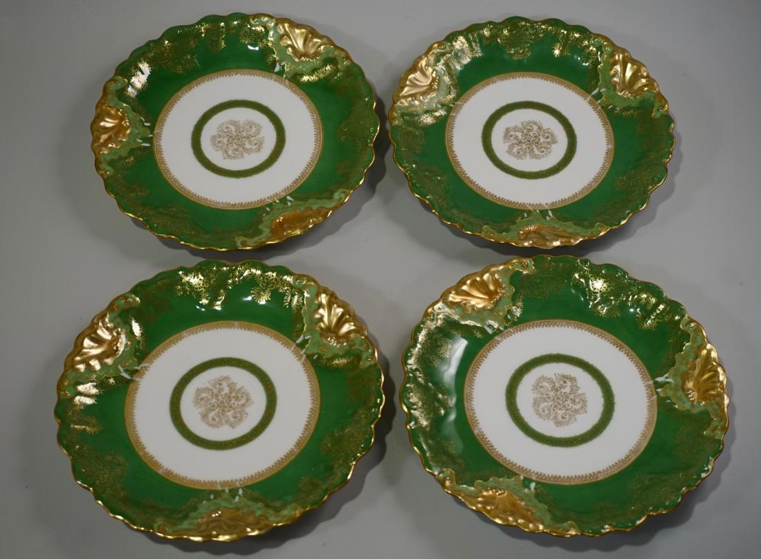 Limoges France LS & S Antique Porcelain Green Gold: Limoges France LS & S Antique Porcelain Green Gold Plate Lot of 4 Antique porcelain gilded plates c1880, made by the Limoges factory for Lazarus Straus and Sons firm, one of the largest European china