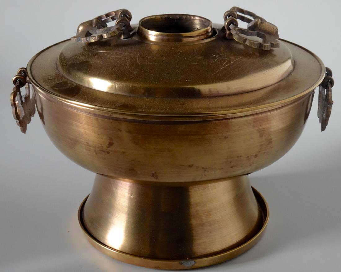 Signed Korean Brass Cooking Pot Chiseled Yin Yang: Signed Korean Brass Cooking Pot Chiseled Yin Yang Symbol Approximately 9 3/4 x 9 x 6 3/4 inches tall.