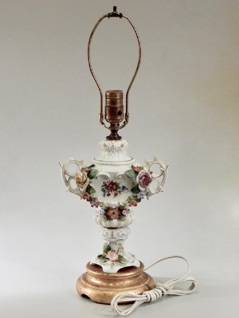 Vintage Table Lamp Porcelain Flowers Vase on Gilded Woo (1 of 10)