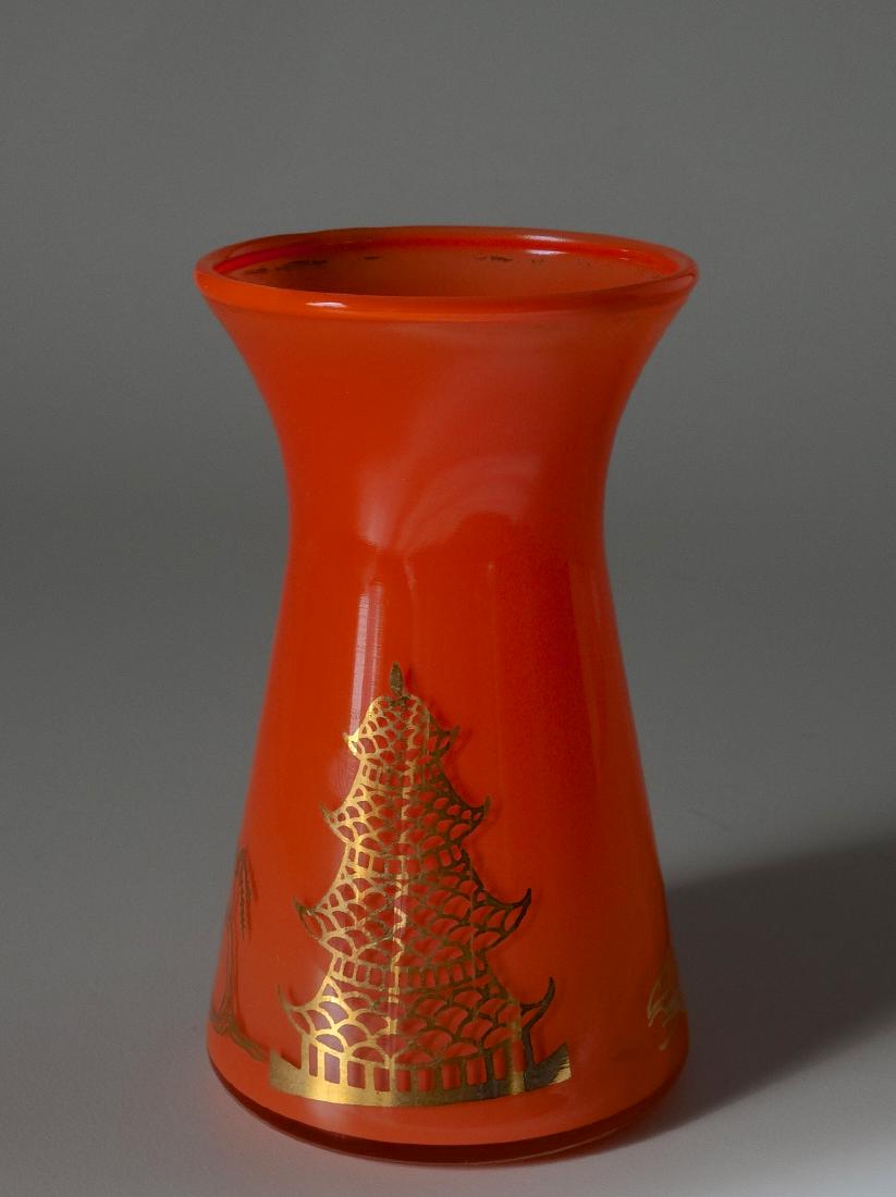 Art Deco Vintage Czech Bohemian Orange Glass Vase: Art Deco Vintage Czech Bohemian Orange Glass Vase Japanized Gold Pagoda Approximately 3 7/8 inches tall.