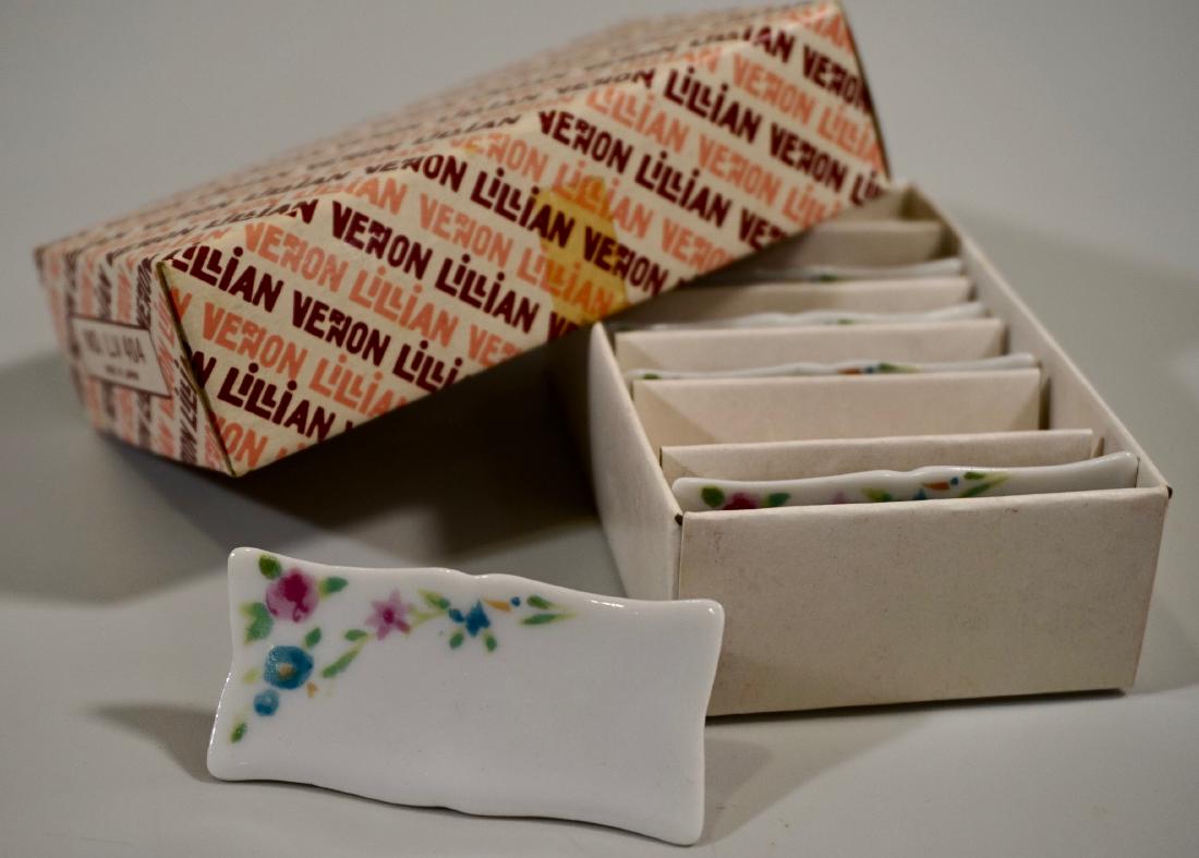Lillian Vernon Porcelain Place Cards Vintage Floral: Lillian Vernon Porcelain Place Cards Vintage Floral Design Boxed Set for 6 Full set of porcelain place card settings by Lillian Vernon in the original box. Each place card 2 3/8 x 1 3/16 inches.