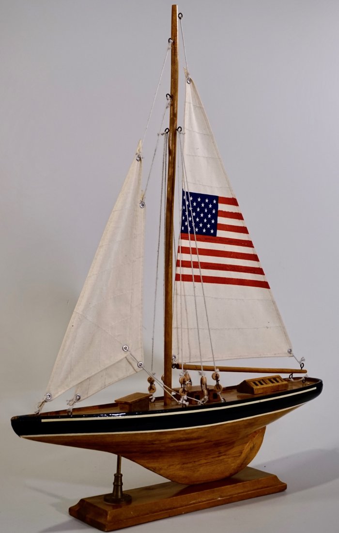 Sailboat USA Yacht Wooden Model on Display Stand: Sailboat USA Yacht Wooden Model on Display Stand Approximately 20 5/8 inches tall x 16 1/2 inches wide on 9 3/4 x 2 9/16 inches base.